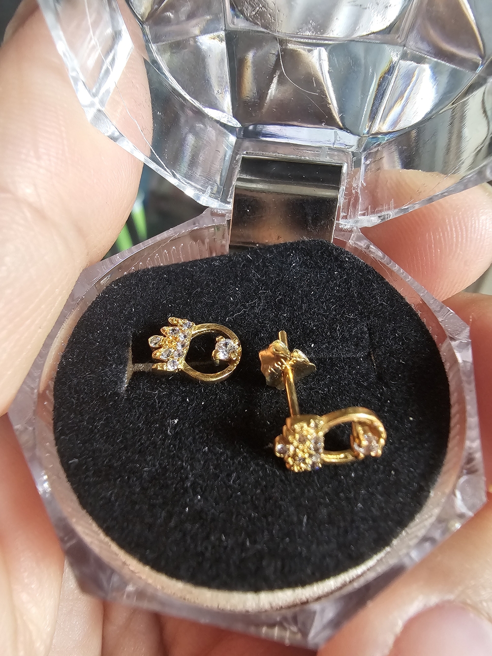 Gold Crown-Accent Stud Earrings with Clear Stones - Women Jewelry